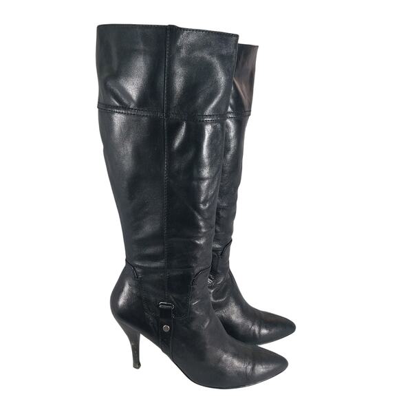 NINE WEST! BLACK GENUINE LEATHER STILETTO MILITARY INSPIRED POINTY BOOTS! SZ 12M - Picture 1 of 13